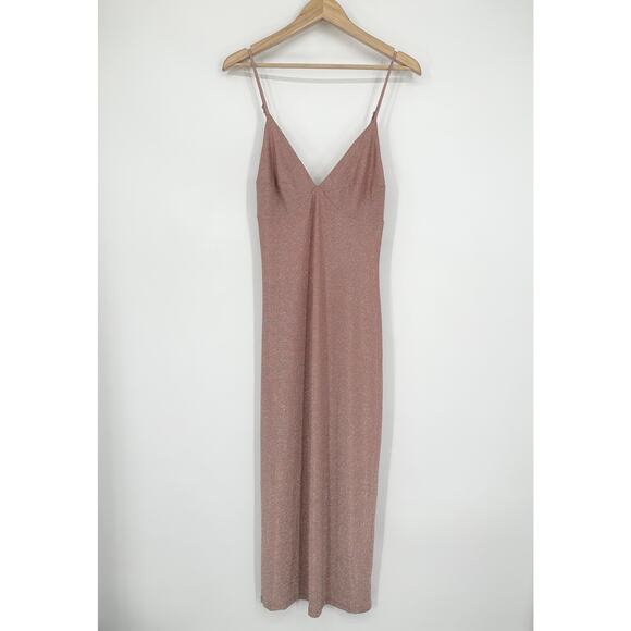 REFORMATION Disco Midi Dress V-Neck Metallic Maxi Rose Sparkle Pink Slip Dress - Picture 4 of 12